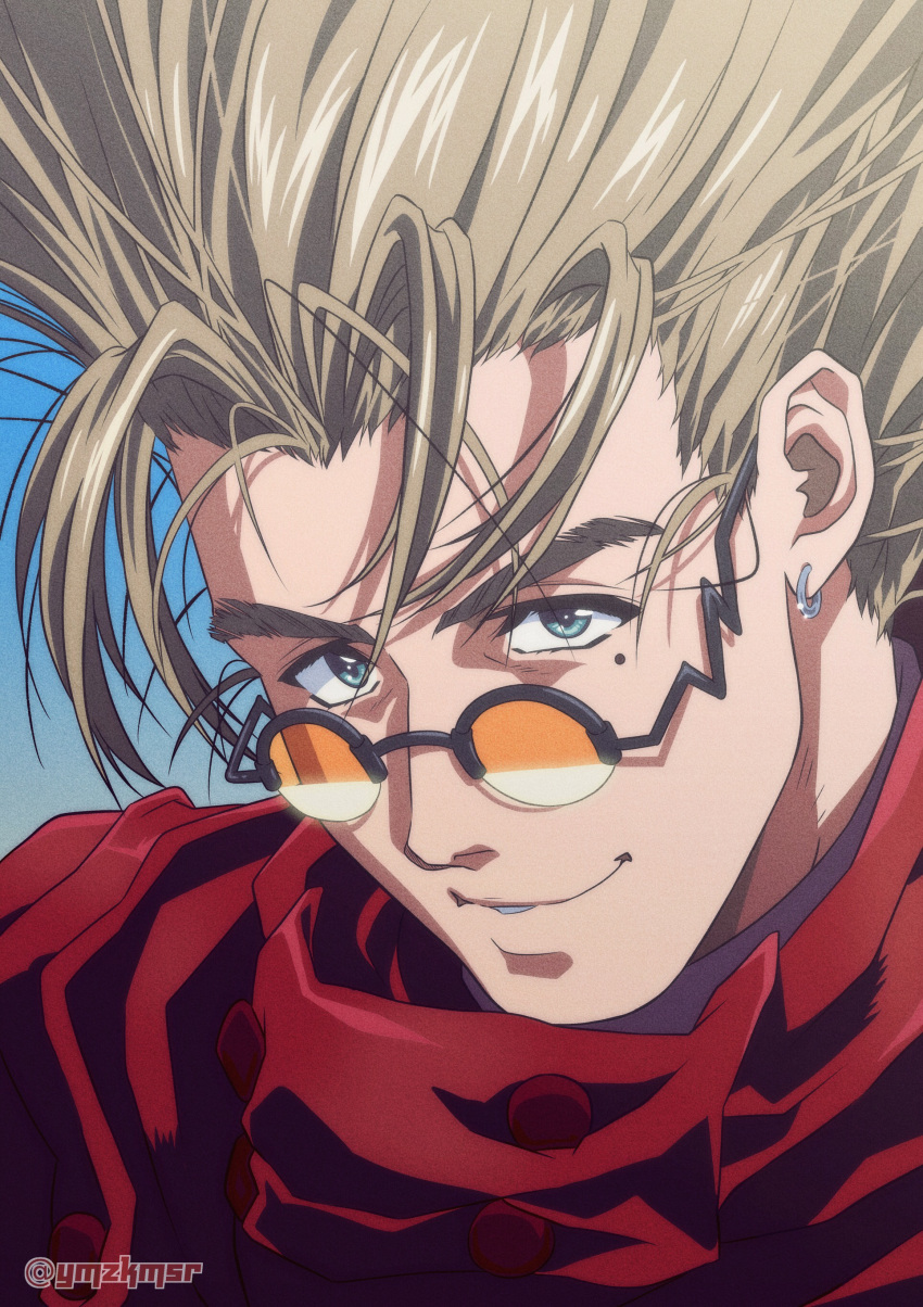 1boy absurdres blonde_hair blue_background blue_eyes coat earrings highres jewelry looking_at_viewer male_focus mole mole_under_eye orange-tinted_eyewear parted_lips portrait red_coat round_eyewear semi-rimless_eyewear smile solo spiked_hair tinted_eyewear trigun twitter_username vash_the_stampede yuu_(masarunomori)