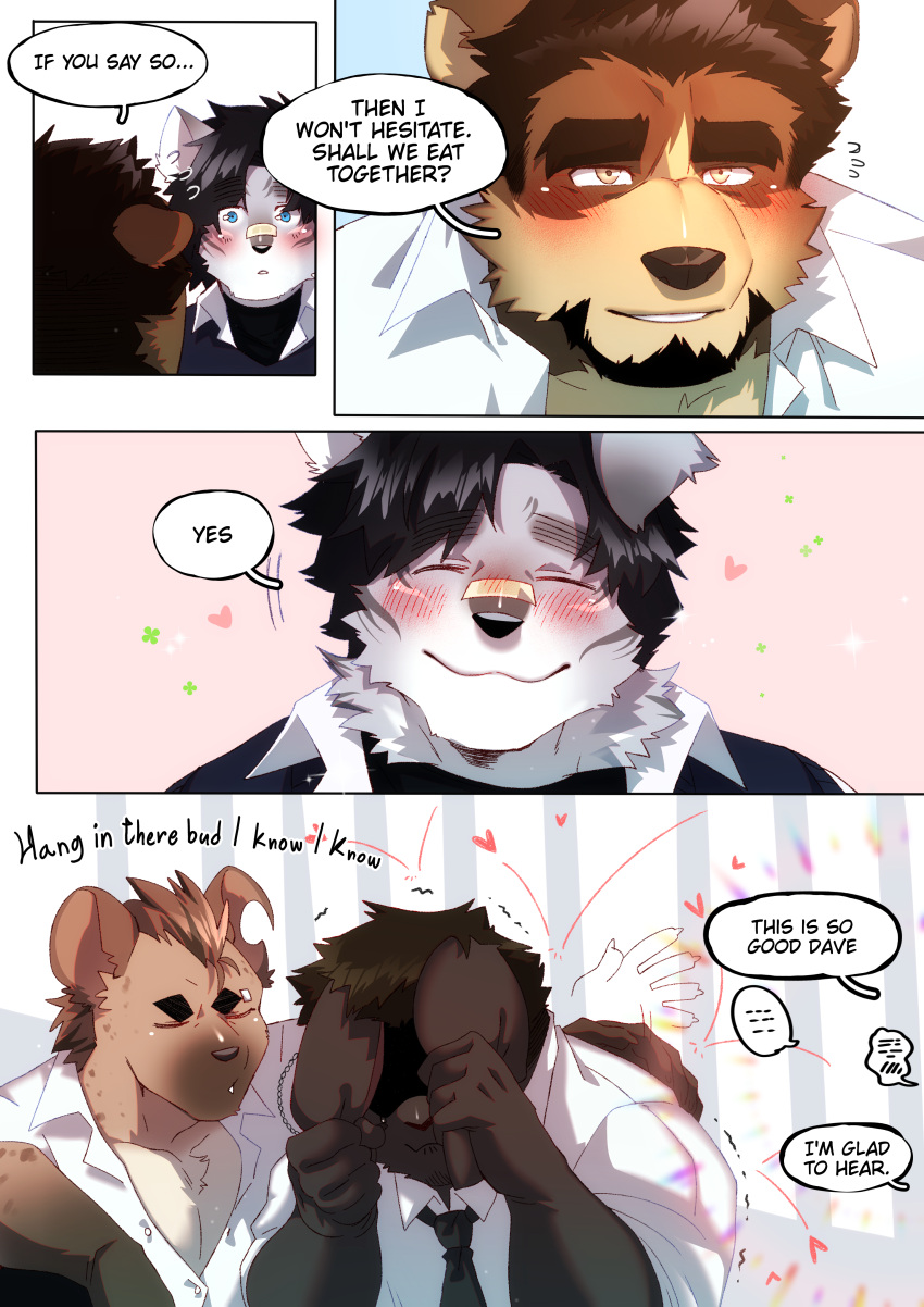 &lt;3 2021 absurd_res alexei_zoloto anthro bear black_body black_fur black_hair black_necktie blue_clothing blue_eyes blue_topwear blue_vest blush blush_lines booboo34 brown_bear brown_body brown_fur brown_hair button_ears canid canine canis clothing comic comic_panel dave_volkov dress_shirt duo ear_piercing ears_down english_text eyes_closed facial_hair floppy_ears fur goatee grey_body grey_fur group hair hand_on_back hi_res holding_both_ears hybrid hyena james_sanchez joe_turner kangaroo macropod male mammal marsupial necktie nose_bandage notched_ear patting_back piercing pivoted_ears rhinoceros sad shadowed_eyes shirt speech_bubble spots spotted_body spotted_fur spotted_hyena tan_body tan_fur text topwear ursine vest white_clothing white_shirt white_topwear wolf yellow_eyes