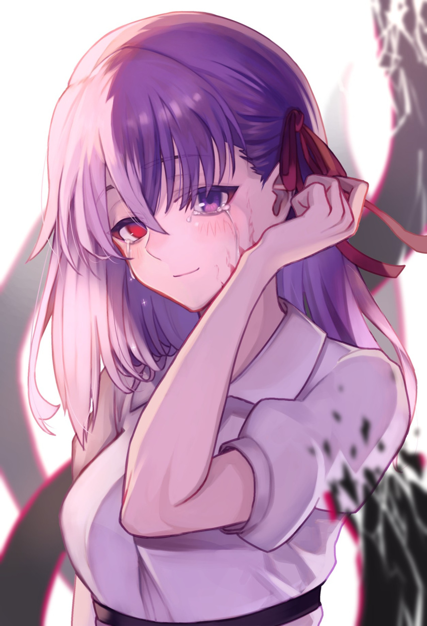 1girl blush closed_mouth collared_shirt commentary_request crossed_bangs crying crying_with_eyes_open eyes_visible_through_hair fate/stay_night fate_(series) hair_between_eyes hair_ribbon half_updo hand_up heaven's_feel heterochromia highres long_hair looking_at_viewer matou_sakura puffy_short_sleeves puffy_sleeves purple_eyes purple_hair red_eyes red_ribbon ribbon sad_smile shirt short_sleeves sidelighting simple_background smile solo sooon tears upper_body white_background white_shirt
