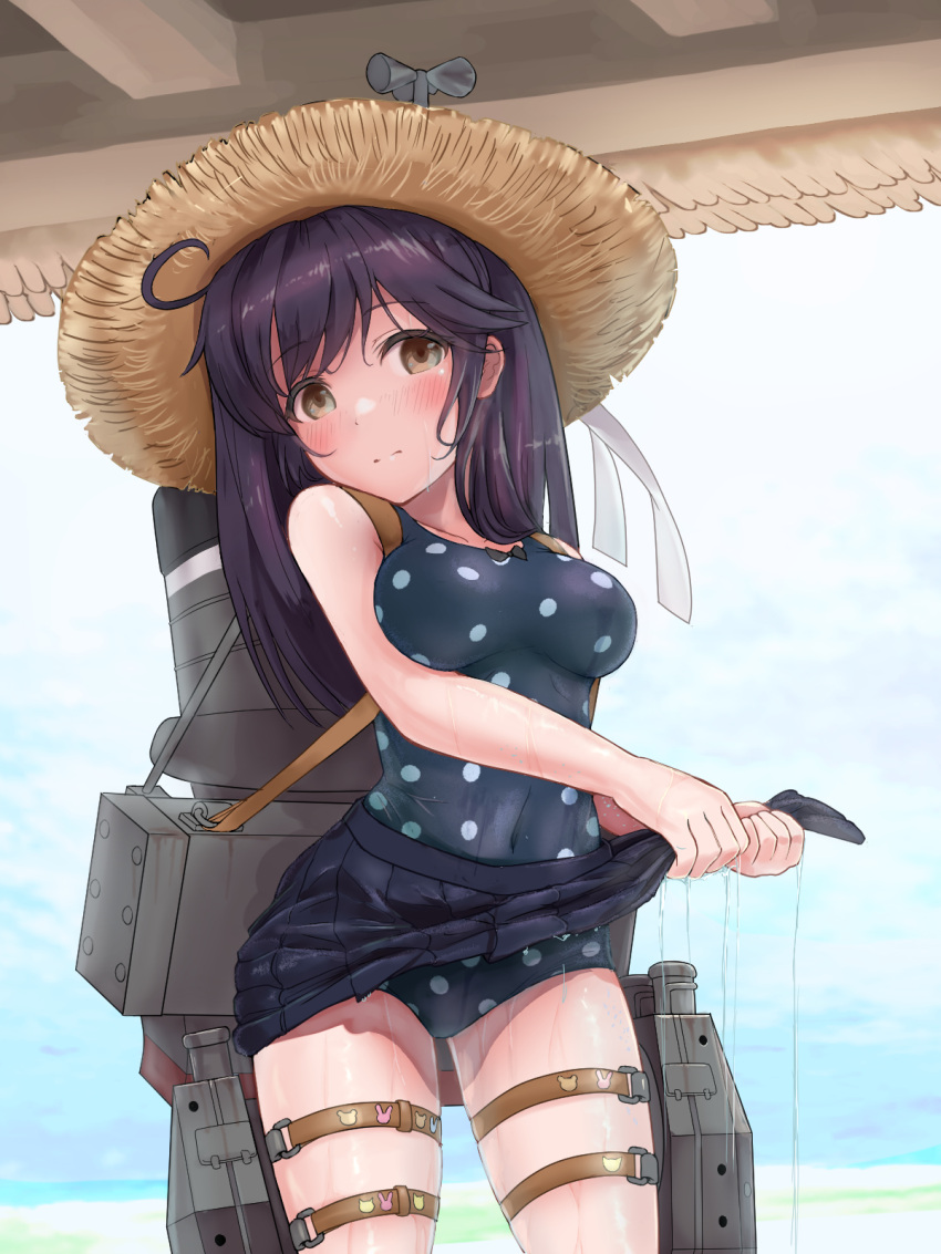 blue_one-piece_swimsuit casual_one-piece_swimsuit day em_s hat highres kantai_collection official_alternate_costume one-piece_swimsuit polka_dot polka_dot_one-piece_swimsuit polka_dot_swimsuit straw_hat swimsuit ushio_(kancolle)