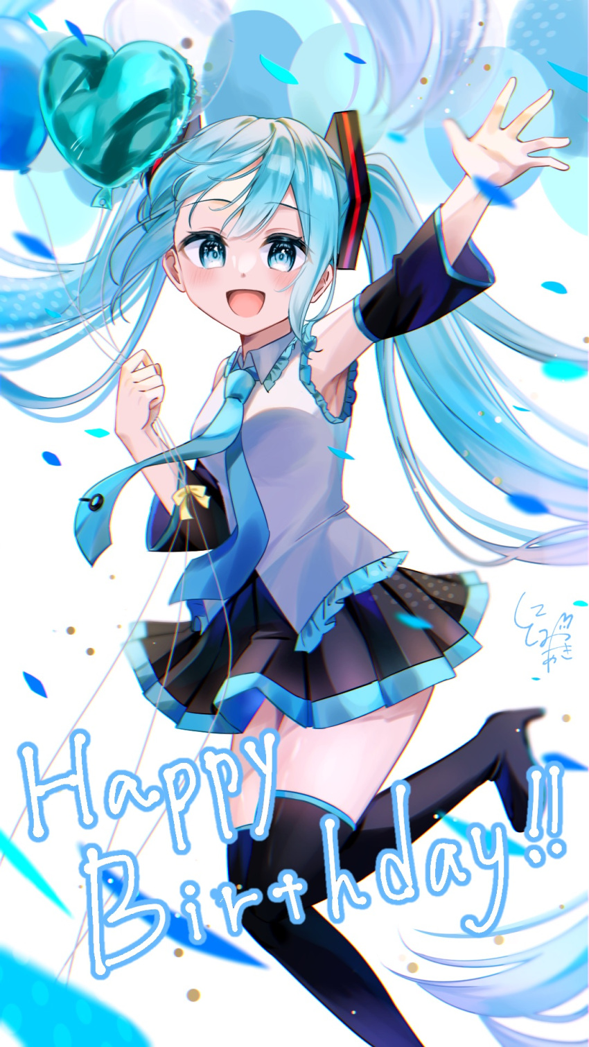 1girl :d balloon bare_shoulders black_footwear black_skirt black_sleeves blue_eyes blue_hair blue_necktie blush boots breasts collared_shirt commentary confetti detached_sleeves dot_nose floating_hair foot_out_of_frame foot_up frilled_shirt frills hair_ornament happy_birthday hatsune_miku heart_balloon highres holding holding_balloon knees_together_feet_apart long_hair long_sleeves looking_at_viewer medium_breasts miniskirt necktie nishimiya_aki open_hand open_mouth outstretched_arm pleated_skirt shirt simple_background skirt sleeveless sleeveless_shirt smile solo thigh_boots thighs tie_clip twintails very_long_hair vocaloid white_background white_shirt zettai_ryouiki