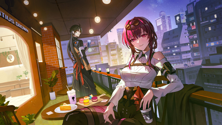 1boy 1girl absurdres against_railing arm_pouch bandaged_hand bandages bare_shoulders black_coat black_hair black_jacket black_shorts blade_(honkai:_star_rail) boots breasts cake cake_slice chest_harness chinese_clothes city cityscape clothing_cutout coat collared_shirt drink eyewear_on_head feet_out_of_frame food hair_between_eyes harness high-waist_shorts highres holding holding_drink honkai:_star_rail honkai_(series) ikkia jacket kafka_(honkai:_star_rail) long_hair long_sleeves looking_at_viewer macaron medium_breasts medium_hair milkshake night night_sky outdoors pantyhose pantyhose_under_shorts parted_lips purple_eyes purple_hair purple_pantyhose railing round_eyewear shirt shorts shoulder_cutout sidelocks single_thigh_boot sitting sky standing star_(sky) sunglasses table thigh_boots white_shirt