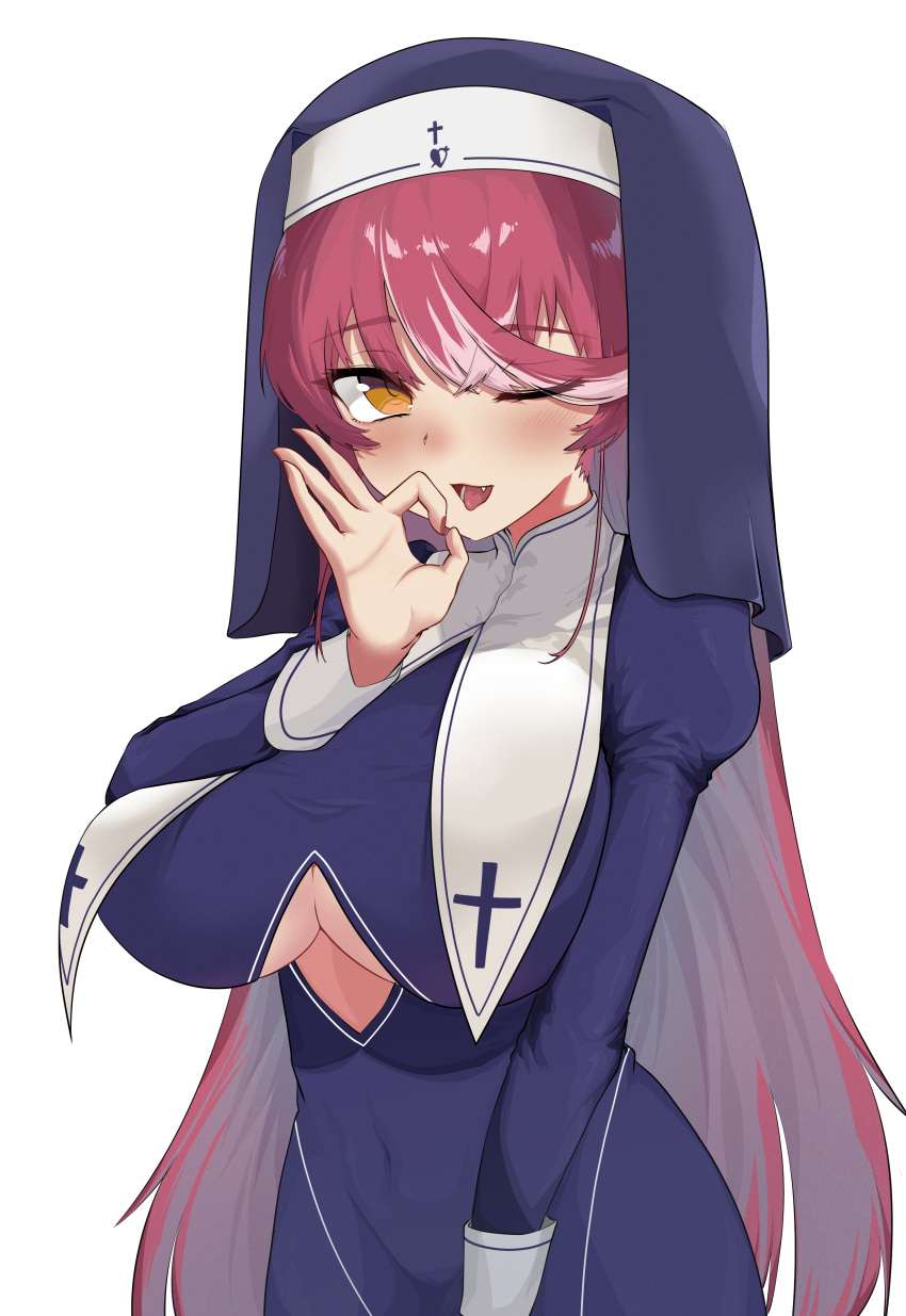 1girl absurdres black_dress black_headwear blush breast_curtains breasts cleavage cleavage_cutout clothing_cutout dress fang habit highres hololive houshou_marine houshou_marine_(nun) knbd large_breasts long_hair looking_at_viewer multicolored_hair nail_polish nun one_eye_closed open_mouth pink_hair red_hair red_nails solo streaked_hair swept_bangs tongue tongue_out virtual_youtuber yellow_eyes