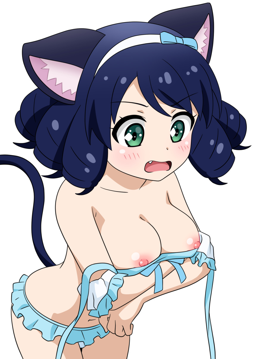 animal_humanoid areola bikini black_hair blush bow_ribbon breasts cat_humanoid clothed clothing cyan_hijirikawa exposed_breasts felid felid_humanoid feline feline_humanoid felis female green_eyes hair hi_res humanoid kyodori mammal mammal_humanoid navel nipples open_mouth pink_nipples sanrio short_hair show_by_rock!! simple_background solo surprise surprised_expression swimwear topless topless_female topless_humanoid wardrobe_malfunction