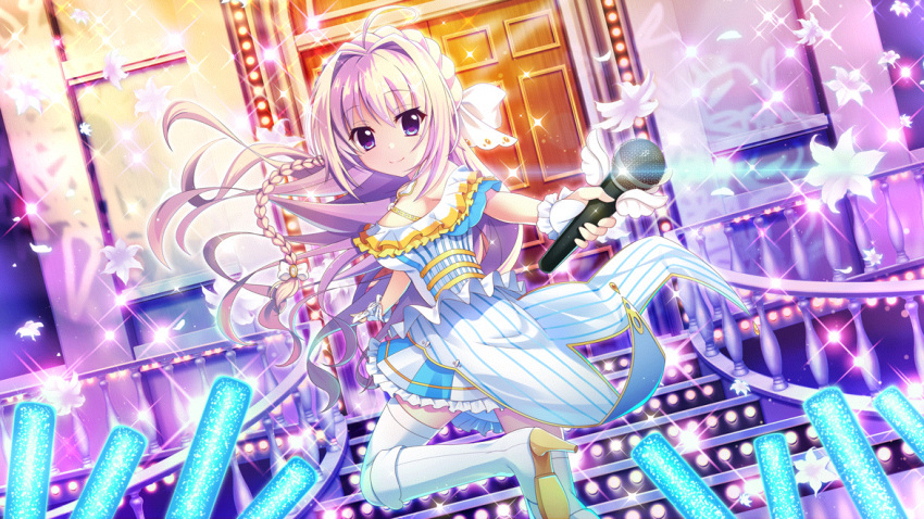 1girl ahoge bare_shoulders blonde_hair blue_eyes blue_skirt blue_stripes boots bow braid breasts coattails concert dot_nose dress film_grain fingerless_gloves flower frilled_skirt frills from_below game_cg glint gloves glowstick hair_bow high_heel_boots high_heels holding holding_microphone idol idol_clothes izumi_tsubasu lily_(flower) long_hair looking_back medium_breasts microphone miniskirt mole mole_under_eye non-web_source off-shoulder_dress off_shoulder official_art railing re:stage! shiratori_amaha_(re:stage!) skirt smile solo sparkle stage stairs standing standing_on_one_leg striped striped_dress thighhighs two-tone_skirt vertical-striped_dress vertical_stripes very_long_hair white_bow white_footwear white_gloves white_skirt white_stripes white_thighhighs wing_ornament wooden_door zettai_ryouiki