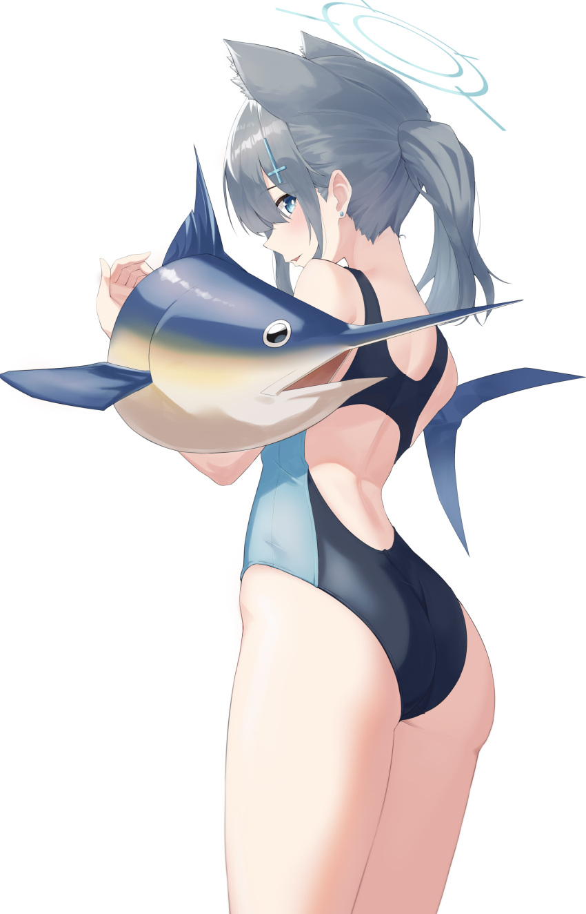 1girl absurdres angdo_(kakajo26) animal_ear_fluff animal_ears ass black_one-piece_swimsuit blue_archive blue_eyes breasts competition_swimsuit cross_hair_ornament extra_ears fish from_behind grey_hair hair_ornament halo highres holding looking_at_viewer low_ponytail medium_breasts medium_hair mismatched_pupils multicolored_clothes multicolored_swimsuit official_alternate_costume one-piece_swimsuit shiroko_(blue_archive) shiroko_(swimsuit)_(blue_archive) simple_background solo swimsuit swordfish white_background wolf_ears