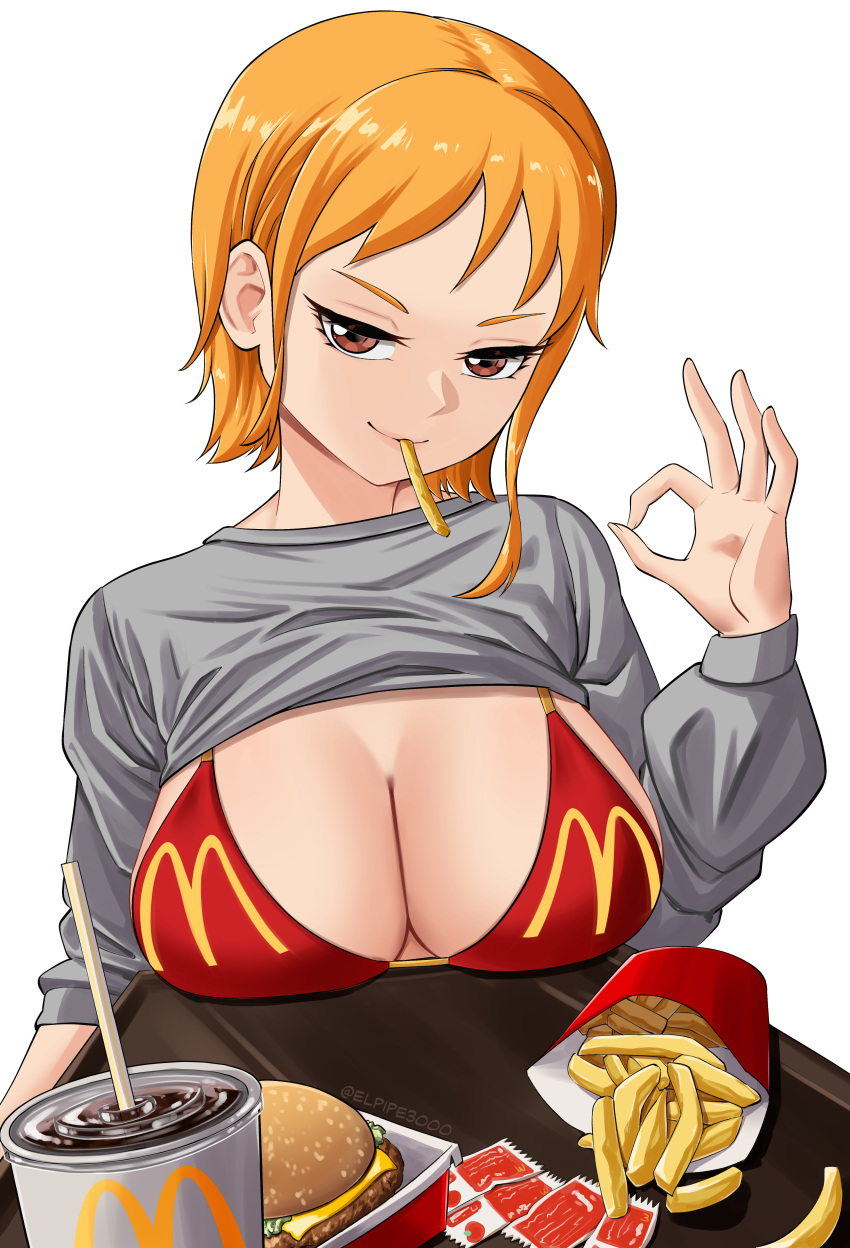 1girl absurdres breast_rest breasts brown_eyes burger clothes_lift cosplay cup disposable_cup drink elpipe_3000 food french_fries highres holding holding_tray ketchup large_breasts mcdonald's mother_(yoru_mac) nami_(one_piece) one_piece orange_hair shirt_lift short_hair solo tray yoru_mac