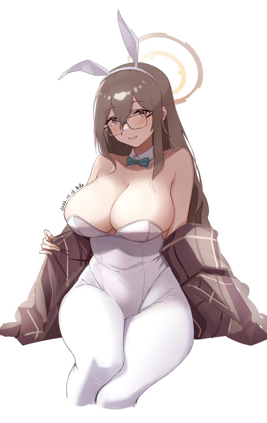 1girl absurdres akane_(blue_archive) akane_(bunny)_(blue_archive) animal_ears armpit_crease artist_name bare_shoulders blue_archive bow bowtie breasts brown_eyes brown_scarf cleavage collar collarbone cropped_legs dated detached_collar fake_animal_ears glasses green_bow green_bowtie hair_between_eyes halo highres invisible_chair large_breasts light_brown_hair long_hair looking_at_viewer official_alternate_costume pantyhose parted_lips plaid plaid_scarf playboy_bunny rabbit_ears scarf sidelocks simple_background sitting smile solo sukaliya white_collar white_pantyhose wing_collar