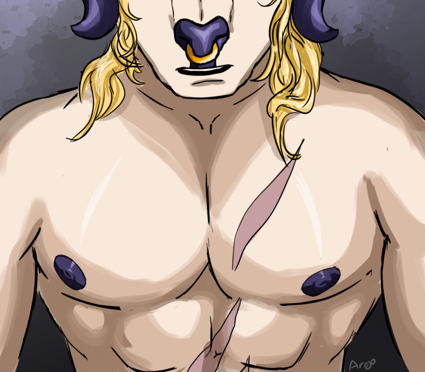 abs anthro areola black_nose blonde_hair bovid bovine cattle close-up facial_piercing grey_background hair horn male mammal mechat muscular muscular_anthro muscular_male nipples nose_piercing nose_ring pecs piercing pokem-off qiang_tao ring_piercing scar simple_background solo