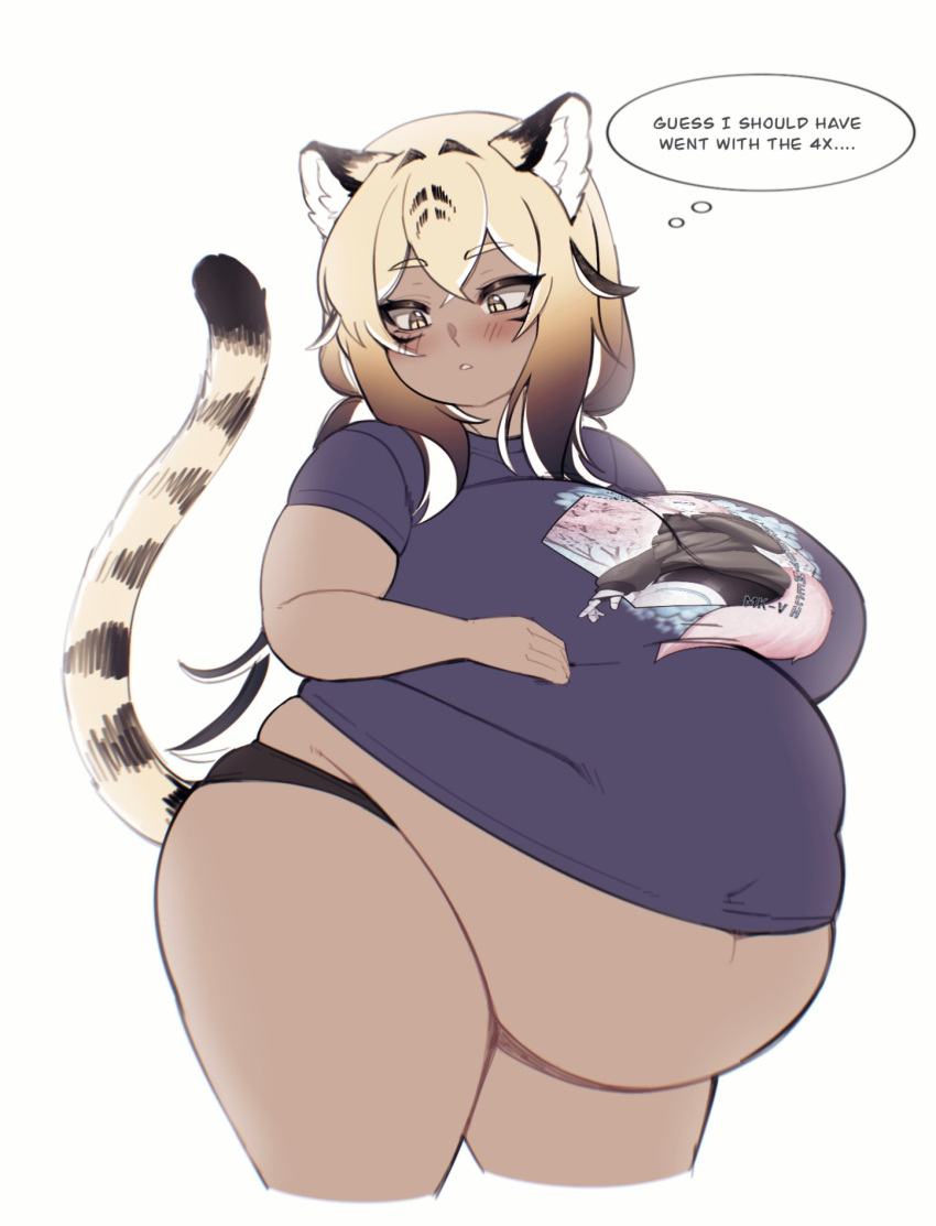 animal_humanoid big_breasts big_butt black_hair blonde_hair blush blush_lines breasts butt cakecatboy cat_humanoid clothing dark_body dark_skin dialogue duo felid felid_humanoid feline feline_humanoid female hair hi_res huge_breasts huge_thighs humanoid kiera_(cowszers) male mammal mammal_humanoid markings multicolored_hair navel obese obese_female obese_humanoid overweight overweight_female overweight_humanoid pantherine pantherine_humanoid pink_hair shirt simple_background striped_markings striped_tail stripes tail tail_markings text thick_thighs thought_bubble tiger_humanoid topwear unknown_character yellow_eyes