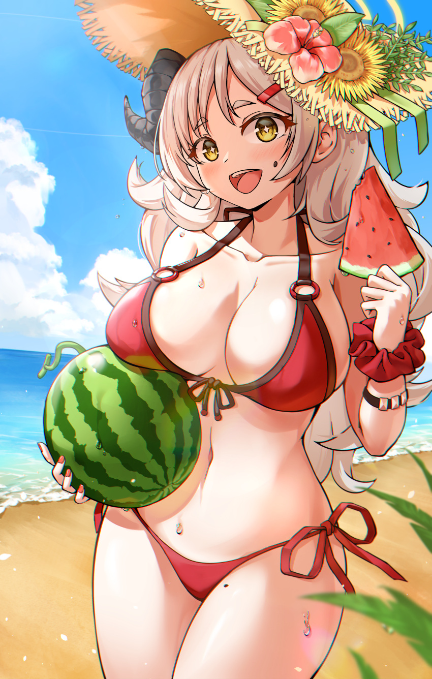 1girl absurdres beach bikini blue_archive blue_sky bracelet breasts cleavage cloud cloudy_sky collarbone commentary_request demon_girl demon_horns flower food fruit grey_hair hair_between_eyes hair_down hair_ornament hairclip halo hat hat_flower highres holding holding_food horizon horns izumi_(blue_archive) izumi_(swimsuit)_(blue_archive) jewelry large_breasts long_hair looking_at_viewer mole mole_on_thigh nail_polish navel ocean official_alternate_costume official_alternate_hairstyle outdoors red_bikini red_nails scrunchie sidelocks sky sleeveless smile solo sparkling_eyes ssalyun stomach straw_hat swimsuit symbol-shaped_pupils thick_eyebrows watermelon watermelon_seeds watermelon_slice wavy_hair wrist_scrunchie yellow_eyes