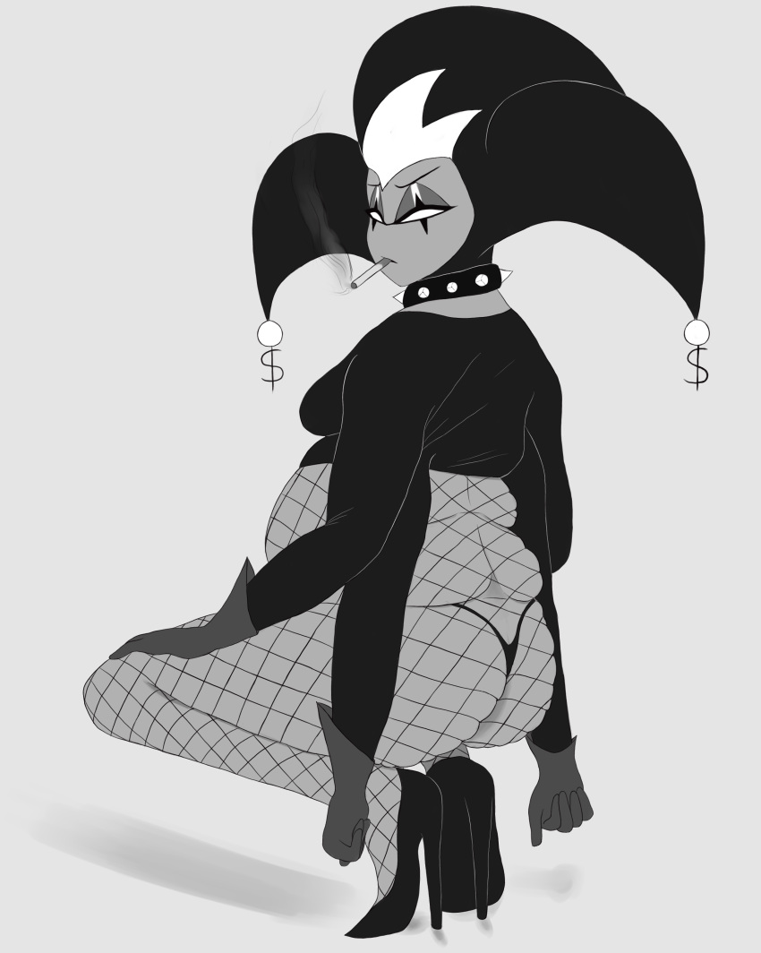 2023 4_arms absurd_res black_clothing black_collar black_high_heels black_thong black_underwear cigarette cigarette_in_mouth clothing collar demon demongirl_demoness digital_drawing_(artwork) digital_media_(artwork) empty_eyes fishnet footwear gloves handwear helluva_boss hi_res high_heels humanoid male mammon_(helluva_boss) multi_arm multi_limb object_in_mouth overweight overweight_male simple_background smoke solo spiked_collar spikes thong underwear white_eyes