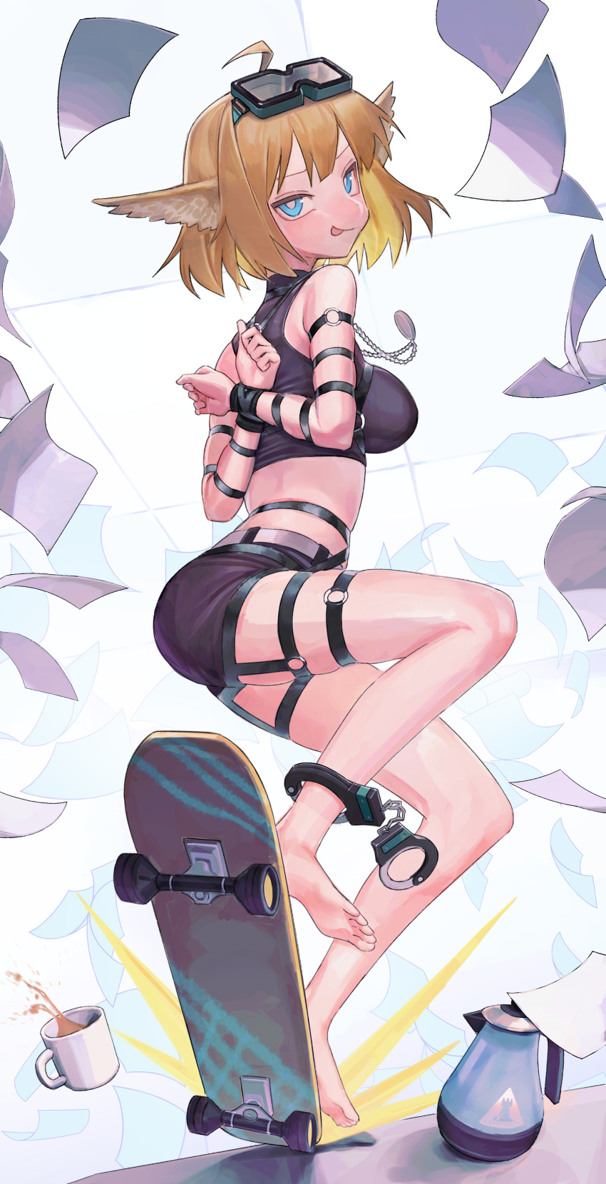 1girl absurdres aciddrop_(arknights) ahoge ankle_cuffs arknights arms_behind_back barefoot bdsm blonde_hair blue_eyes bondage bound bound_arms coffee_mug coffee_pot cup goggles goggles_on_head highres looking_at_viewer midriff mug saaal653 second-party_source skateboard solo variant_set