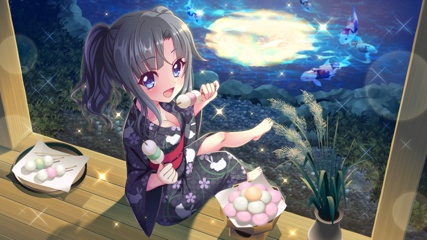 1girl animal_print bare_legs barefoot black_hair black_kimono blue_eyes breasts cleavage collarbone dango dot_nose film_grain floral_print food from_above from_side full_moon game_cg grass holding holding_food itsumura_yukari izumi_tsubasu japanese_clothes kimono koi lens_flare medium_breasts moon night non-web_source obi official_art open_mouth plant pond potted_plant rabbit_print re:stage! reflection reflective_water rice_stalk sanshoku_dango sash short_hair sidelocks sitting smile solo sparkle tsukimi_dango two_side_up wagashi