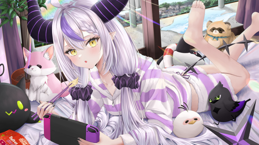 1girl absurdres ahoge barefoot braid braided_bangs chopsticks crow_(la+_darknesss) demon_horns grey_hair handheld_game_console hewd4857 highres holding holding_chopsticks holding_handheld_game_console hololive horns hoso-inu kokoro_(hakui_koyori) la+_darknesss looking_at_viewer low_twintails multicolored_hair nintendo_switch open_mouth pajamas plant pointy_ears pokobee potted_plant purple_hair shorts sidelocks single_braid streaked_hair striped striped_pajamas tail twintails virtual_youtuber white_pajamas white_shorts yellow_eyes zipper zipper_pull_tab