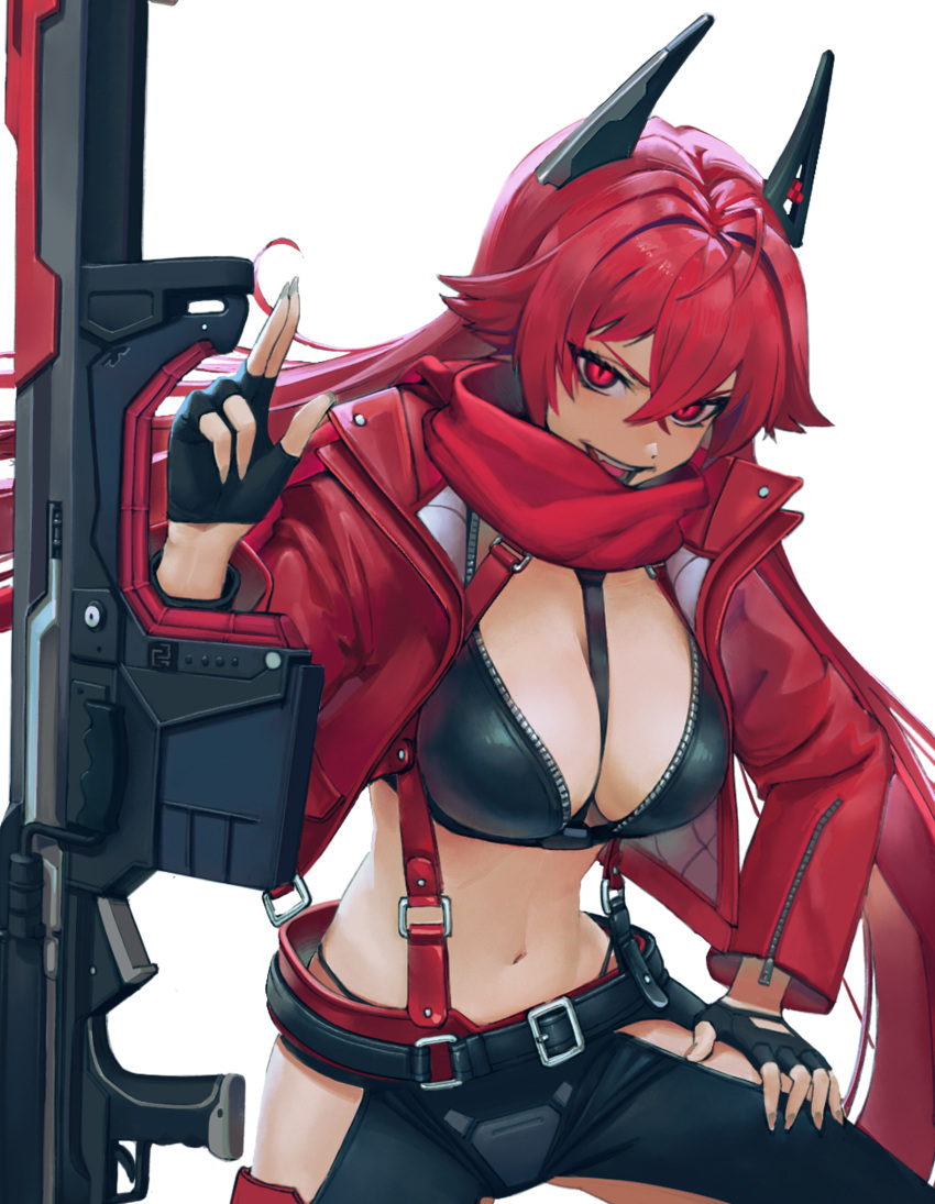1girl absurdres antenna_hair belt between_breasts black_belt black_gloves black_jacket black_pants breasts cleavage commentary_request cowboy_shot cropped_jacket crossed_bangs crotch_plate fingerless_gloves fingernails gloves goddess_of_victory:_nikke gun hair_between_eyes hand_on_own_thigh highres hip_vent horns jacket large_breasts leather leather_jacket leather_pants long_fingernails long_hair long_sleeves looking_at_viewer mechanical_horns navel open_clothes open_jacket open_mouth pants red_eyes red_hair red_hood_(nikke) red_jacket red_scarf rifle scarf sidelocks simple_background slit_pupils sniper_rifle solo standing stomach strap_between_breasts suspenders teeth unzipped upper_teeth_only weapon white_background yuyuyi