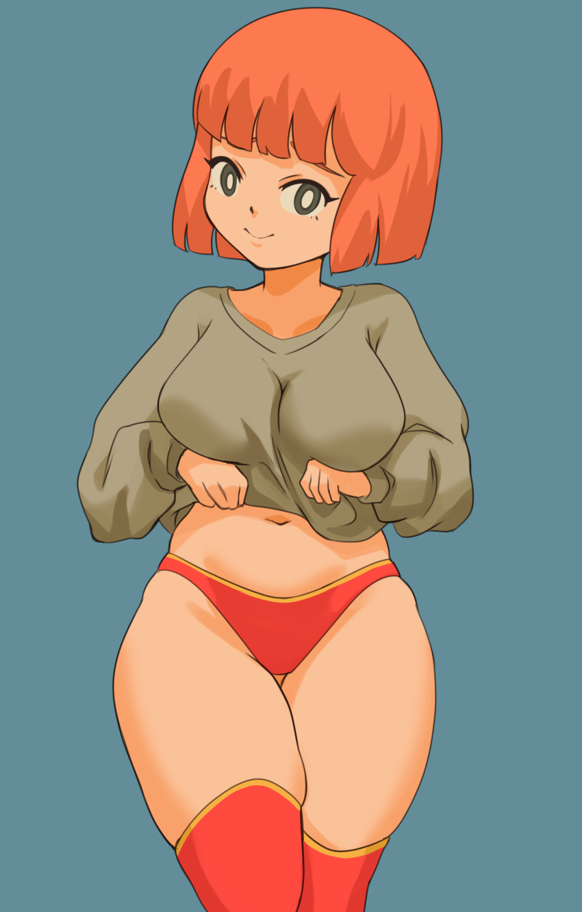 1girl absurdres bob_cut breasts bright_pupils cjhomics closed_mouth clothes_lift english_commentary green_sweater grey_eyes highres large_breasts mcdonald's medium_hair mother_(yoru_mac) navel orange_hair panties red_panties red_thighhighs smile solo sweater sweater_lift thighhighs underwear white_pupils yoru_mac