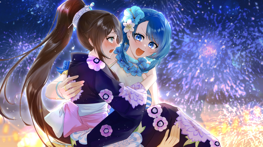 2girls :d absurdres aerial_fireworks aizawa_kazuha aqua_eyes assault_lily asymmetrical_hair bikini blue_bikini blue_eyes blue_flower blue_hair blue_kimono blush bracelet breasts brown_hair carrying cleavage commentary_request eye_contact fireworks floral_print flower flower_necklace hair_flower hair_ornament hair_stick halterneck hand_on_another's_shoulder hibiscus high_ponytail highres japanese_clothes jewelry kimono lei long_hair long_sleeves looking_at_another medium_breasts medium_hair miya_hiroya_(vie) multiple_girls night night_sky nose_blush obi official_alternate_costume open_mouth outdoors ponytail princess_carry print_kimono profile ring sash see-through serizawa_chikaru sky smile standing striped striped_bikini swimsuit upper_body v-shaped_eyebrows very_long_hair white_flower wide_sleeves yuri