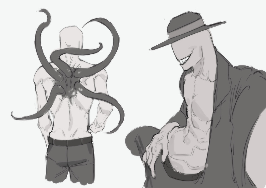 absurd_res bottomwear clothed clothing creepypasta hat headgear headwear hi_res humanoid jacket kogito male navel offenderman open_clothing open_shirt open_topwear pants shirt smile solo tentacle_monster tentacles toothy_grin topwear white_body