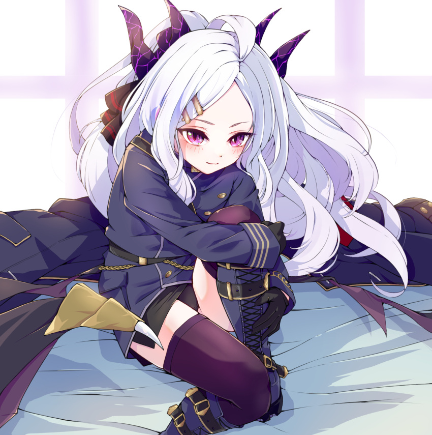 1girl black_horns blue_archive blush closed_mouth demon_horns grey_hair highres hina_(blue_archive) horns long_hair mosuke1221 multiple_horns parted_bangs purple_eyes smile solo very_long_hair