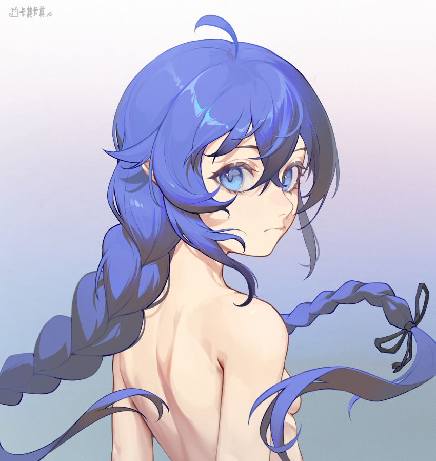 1girl absurdres ahoge back blue_eyes blue_hair braid breasts closed_mouth crossed_bangs from_behind gradient_background hair_censor highres kaqkaq long_braid long_hair looking_at_viewer looking_back mushoku_tensei nude roxy_migurdia signature small_breasts solo twin_braids upper_body