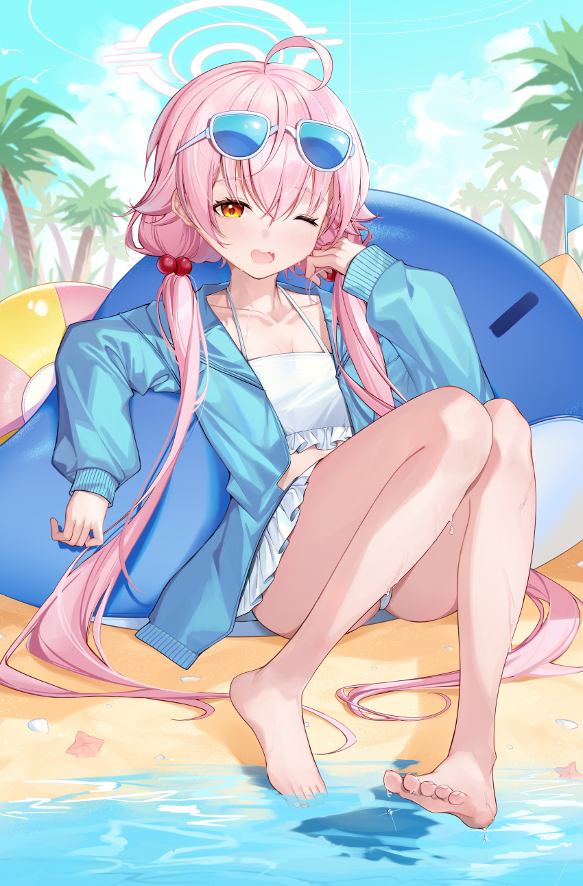 1girl absurdres ahoge ball bare_shoulders barefoot beach beachball bikini blue_archive blue_eyes blue_jacket blue_sky blush breasts cloud day eyewear_on_head feet flat_chest frilled_bikini frills glasses halo heterochromia highres hoshino_(blue_archive) hoshino_(swimsuit)_(blue_archive) jacket knees_together_feet_apart knees_up legs long_hair looking_at_viewer low_twintails official_alternate_costume official_alternate_hairstyle one_eye_closed open_mouth outdoors palm_tree pink_hair ratto_(ratto_channel) seashell shell sitting sky smile solo starfish swimsuit toenails toes tree twintails very_long_hair water wet white_bikini yellow_eyes