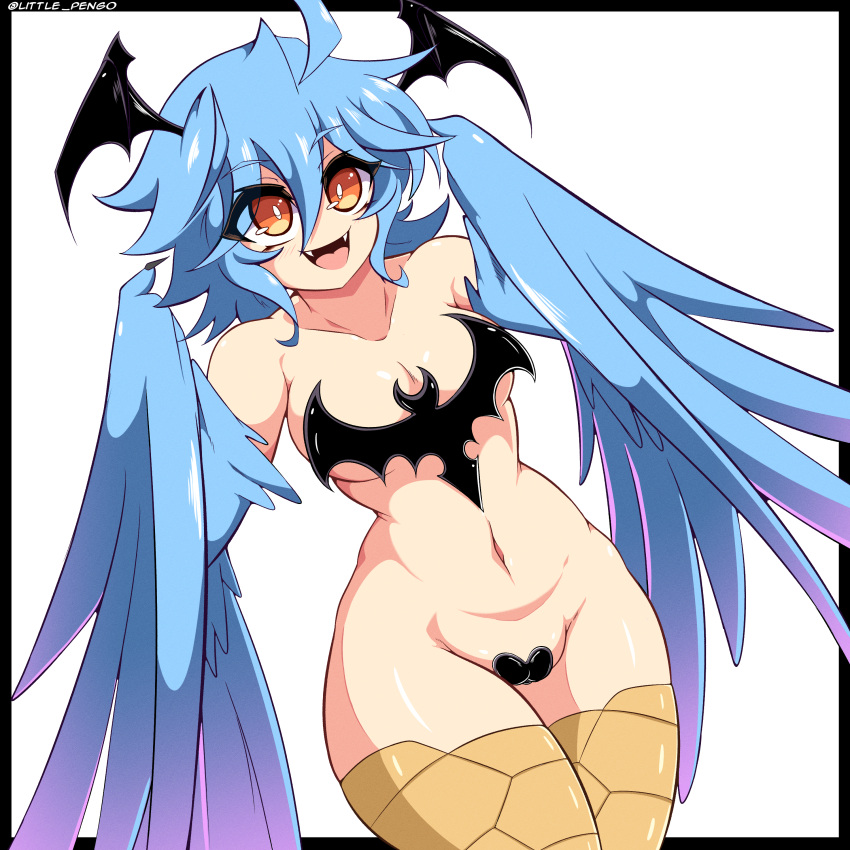 1girl absurdres ahoge artist_name bat_wings bird_legs black_border blue_feathers blue_hair blue_wings blush border breasts commentary english_commentary fangs feathered_wings feathers hair_between_eyes harpy head_wings heart_maebari highres littlepengo long_hair maebari monster_girl monster_musume_no_iru_nichijou navel open_mouth papi_(monster_musume) scales sidelocks small_breasts solo tongue winged_arms wings yellow_eyes