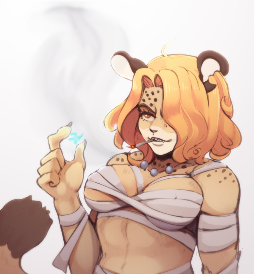anthro breasts cigarette crossgender digital_media_(artwork) felid feline female fur hair hi_res jaguar mammal minkmen_(one_piece) muscular mycrys one_piece pantherine pedro_of_the_treetops simple_background smile smoke smoking solo spots spotted_body spotted_fur tagme white_background