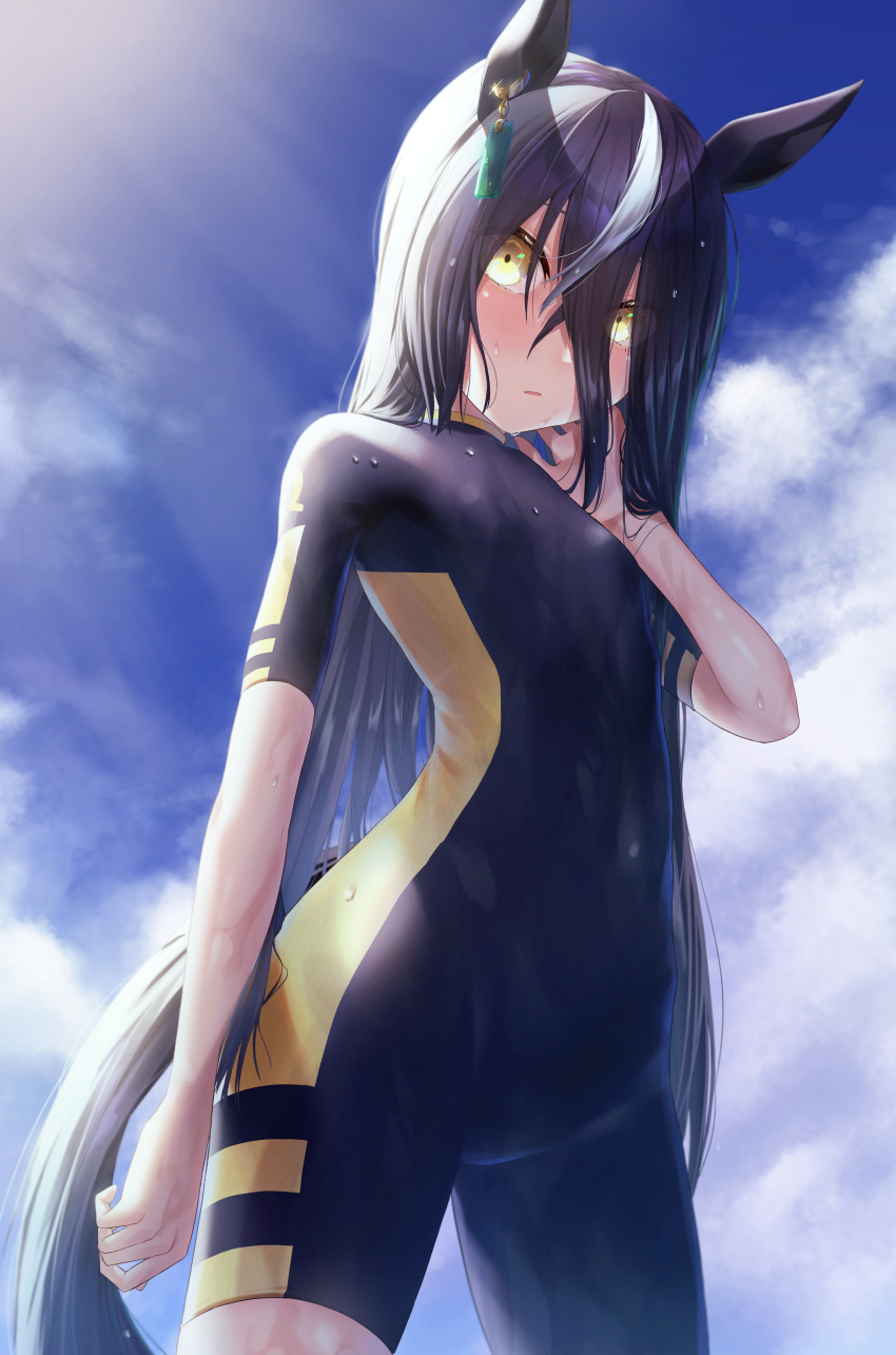 1girl absurdres animal_ears black_wetsuit bodysuit diving_suit highres horse_ears horse_girl horse_tail manhattan_cafe_(umamusume) one-piece_swimsuit reo-illust4696 skin_tight swimsuit tail umamusume wet wet_clothes wet_hair wet_swimsuit wetsuit