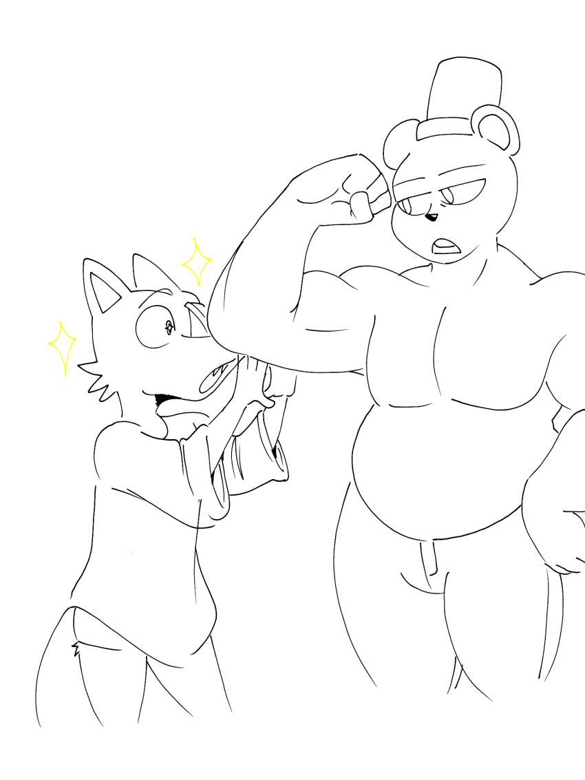 admiring anonymous_artist anthro bear bottomless canid canine clothed clothing duo eye_patch eyewear flexing fox fred_fazbear_(roommates) haddock_(roommates) hat headgear headwear hi_res looking_at_another male male/male mammal roommates:motha shirt shirt_only slightly_chubby sparkles strongfat top_hat topless topwear topwear_only