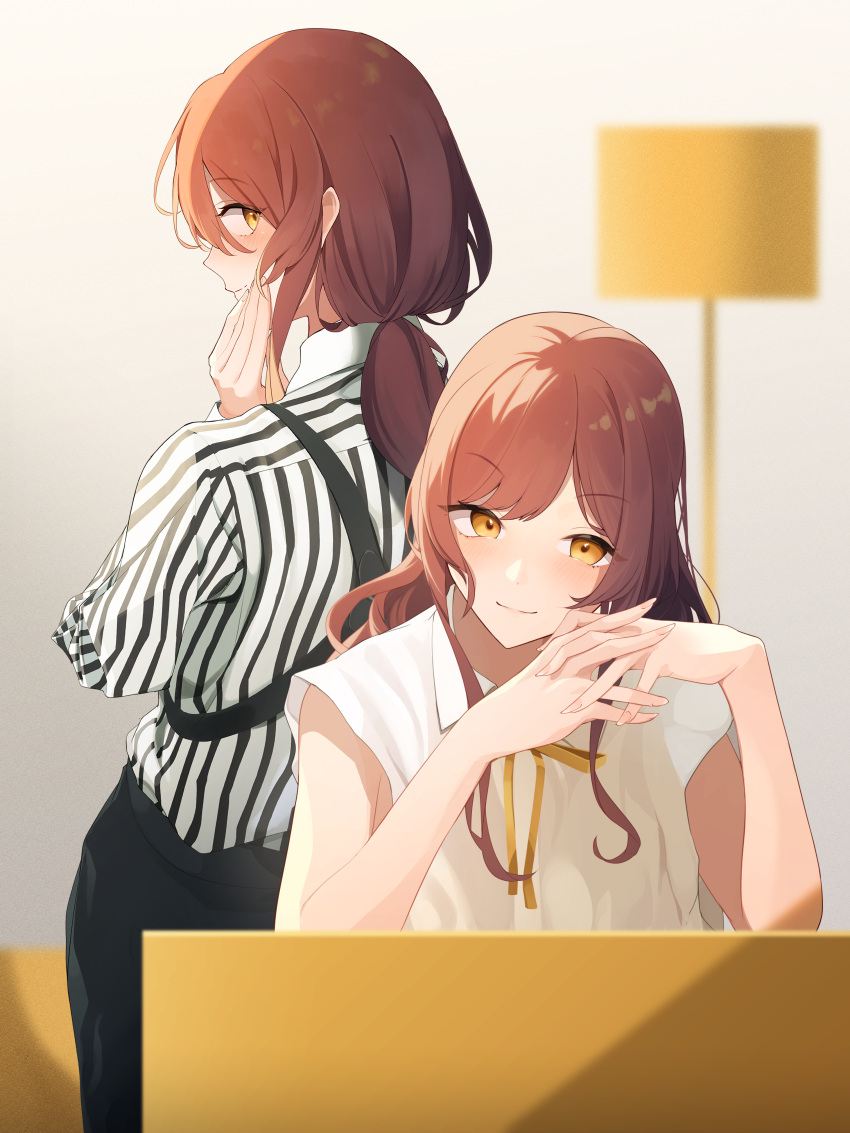 2girls absurdres black_pants brown_hair highres idolmaster idolmaster_shiny_colors interlocked_fingers looking_at_viewer looking_back multiple_girls necktie odecono3 osaki_amana osaki_tenka own_hands_together pants ponytail shirt siblings sisters striped striped_shirt twins white_shirt