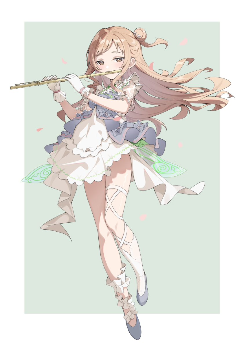 1girl absurdres asymmetrical_legwear blue_dress blue_footwear bright_pupils brown_eyes dress flute frilled_skirt frills gloves hair_bun highres holding_flute idolmaster idolmaster_shiny_colors instrument leg_ribbon light_brown_hair long_hair petals playing_flute ribbon sakuragi_mano single_side_bun skirt socks solo tamago_(eva1314056) white_dress white_gloves white_pupils