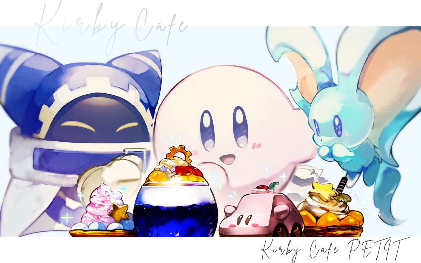 absurdres animal_ears blue_eyes car-mouth_cake cherry closed_eyes disembodied_limb elfilin food fruit gloves highres higuchi_megumi kirby kirby_(series) kirby_cafe magolor mask meta_knight mouse_ears no_humans notched_ear smile solid_oval_eyes star_(symbol)