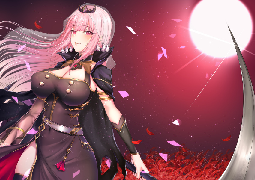 1girl absurdres black_cape black_dress black_thighhighs blush breasts cape cleavage crown dress flower full_moon highres holding holding_scythe hololive hololive_english large_breasts long_hair looking_at_viewer moon moonlight mori_calliope mori_calliope_(1st_costume) nyctea_snow petals pink_eyes pink_hair scythe see-through see-through_sleeves signature single_sleeve single_thighhigh sitting solo spiked_cape thighhighs underworld veil virtual_youtuber weapon