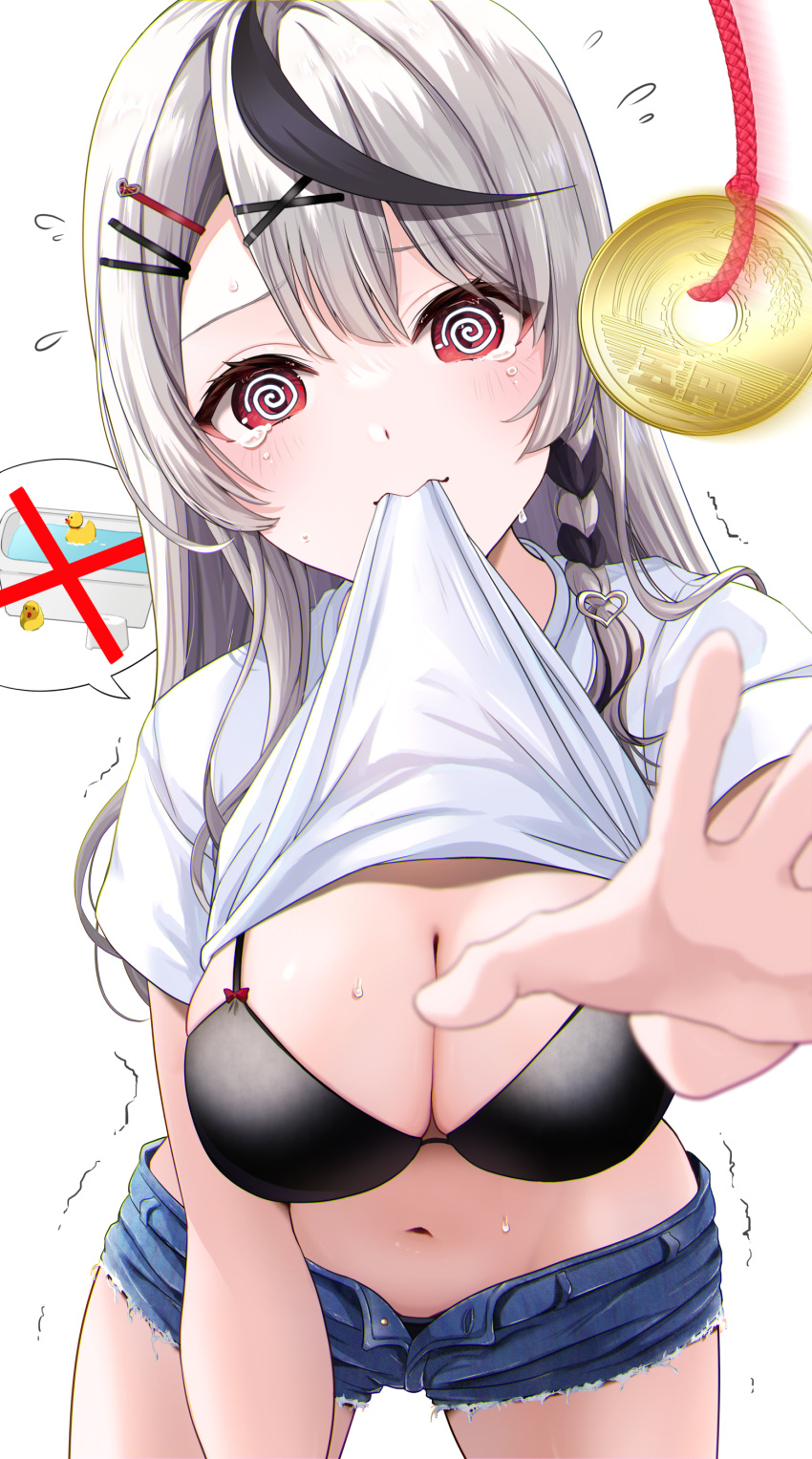 1girl @_@ absurdres black_bra blue_shorts blush bra breasts clothes_lift coin coin_on_string grey_hair hair_ornament highres holed_coin hololive hypnosis kudoukudokudo lifted_by_self long_hair looking_at_viewer mind_control mouth_hold multicolored_hair navel pendulum red_eyes sakamata_chloe shirt_lift short_shorts shorts simple_background solo stomach two-tone_hair underwear x_hair_ornament