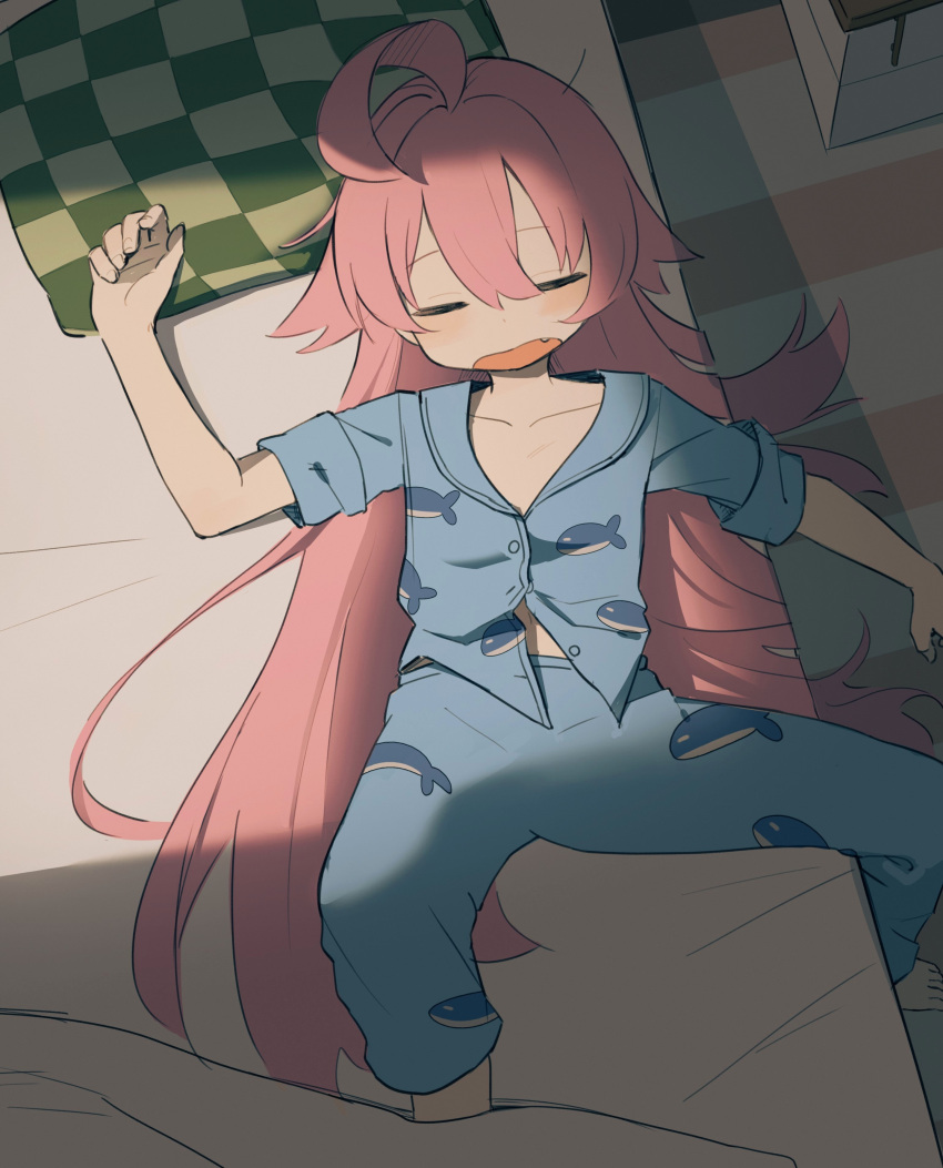 1girl absurdres ahoge blue_archive blue_pajamas fang hair_between_eyes hair_flaps haramaki_(haranomaki) highres hoshino_(blue_archive) long_hair navel pajamas pink_hair sleeping spread_legs very_long_hair