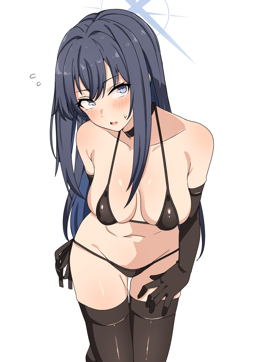 1girl :o absurdres alternate_costume bare_shoulders bikini black_bikini black_choker black_gloves black_thighhighs blue_archive blue_eyes blue_hair blue_halo blush breasts choker cleavage collarbone elbow_gloves gloves halo highres large_breasts long_hair looking_at_viewer open_mouth saori_(blue_archive) seihekiog simple_background solo swimsuit tagme thigh_gap thighhighs thighs white_background