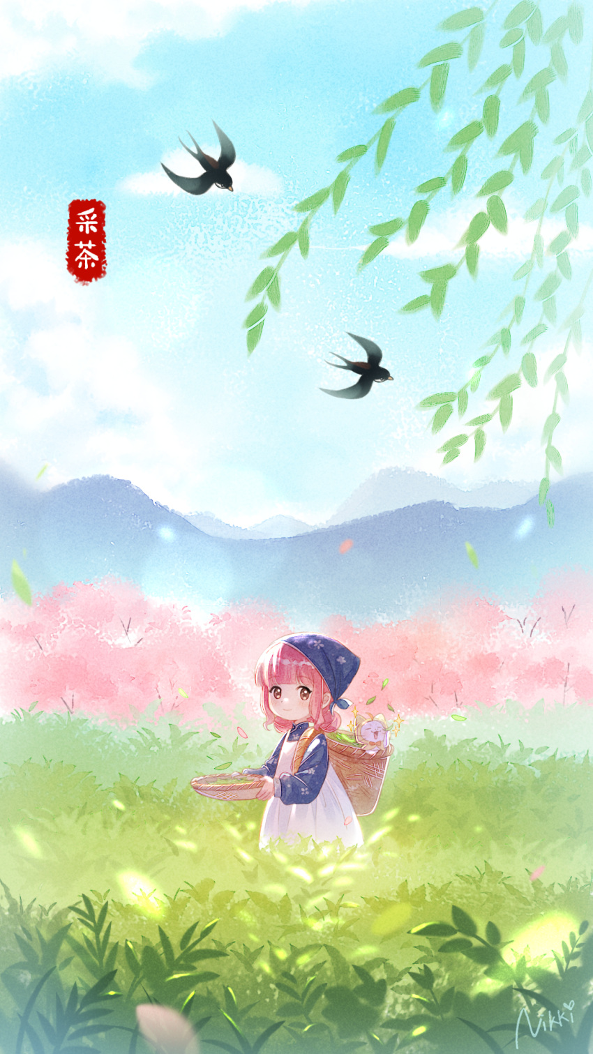 1girl apron basket bird blue_dress blush brown_eyes cat chinese_commentary clear_sky cloud commentary_request copyright_name day dress grass highres holding holding_basket leaf looking_at_viewer momo_(miracle_nikki) mountainous_horizon nikki_(miracle_nikki) official_art pink_hair red_ribbon ribbon shaded_face shining_nikki signature sky tree white_apron white_cat wind yellow_cloak