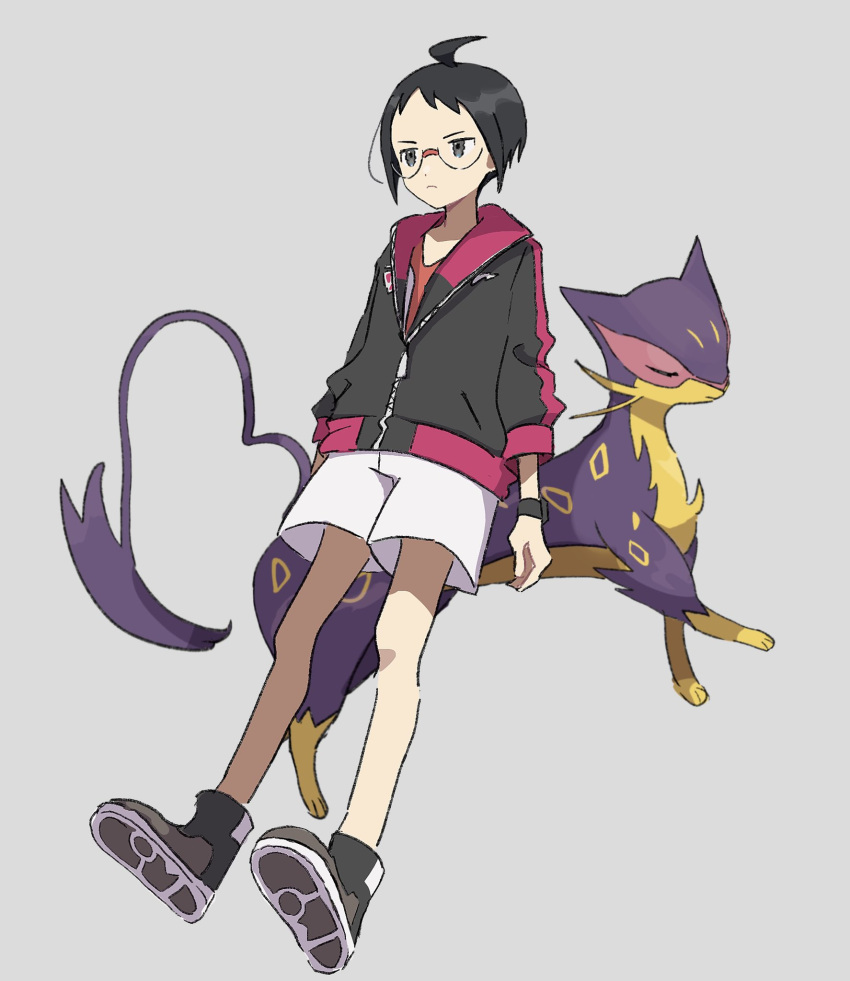 1boy ahoge alternate_costume black_hair black_jacket boots cheren_(pokemon) closed_mouth eneko_(olavcnkrpucl16a) glasses grey_background highres hood hood_down hooded_jacket jacket liepard male_focus pokemon pokemon_(creature) pokemon_(game) pokemon_bw semi-rimless_eyewear shirt short_hair shorts white_shorts zipper zipper_pull_tab