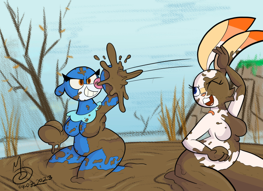 absurd_res anthro female female/female generation_7_pokemon generation_8_pokemon hi_res invalid_tag messy mud mud_fight nintendo paldea pokemon pokemon_(species) popplio scorbunny sebaku slightly_chubby swamp