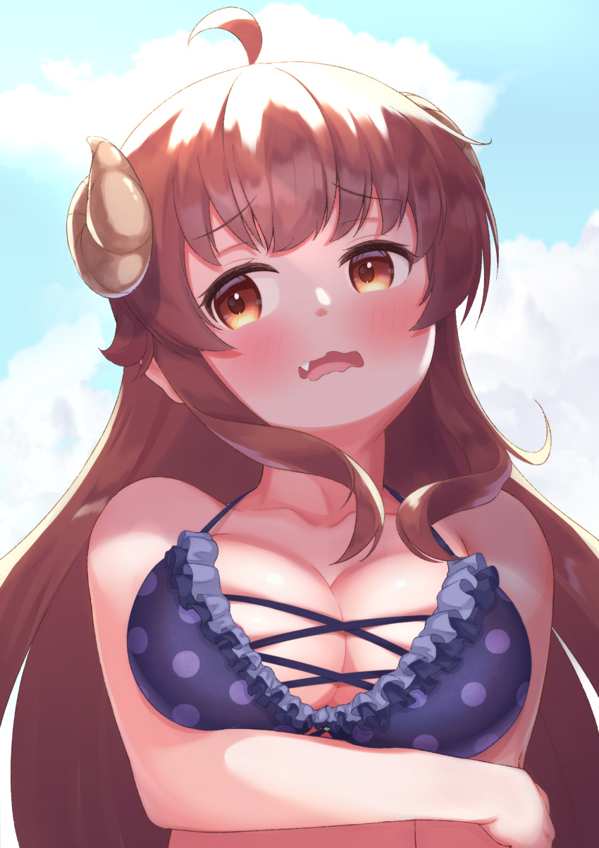 absurdres ahoge arm_under_breasts bare_shoulders bikini blue_bikini blue_sky blush breasts breasts_squeezed_together brown_eyes brown_hair cleavage collarbone commentary cross-laced_bikini cross-laced_clothes curled_horns demon_girl demon_horns embarrassed fang frilled_bikini frills furrowed_brow hair_between_eyes hair_spread_out halterneck hand_on_own_arm head_tilt highres horns large_breasts long_hair looking_to_the_side machikado_mazoku open_mouth polka_dot polka_dot_bikini shiny_skin sidelocks skindentation sky sonao swimsuit upper_body very_long_hair wavy_mouth yoshida_yuuko_(machikado_mazoku)