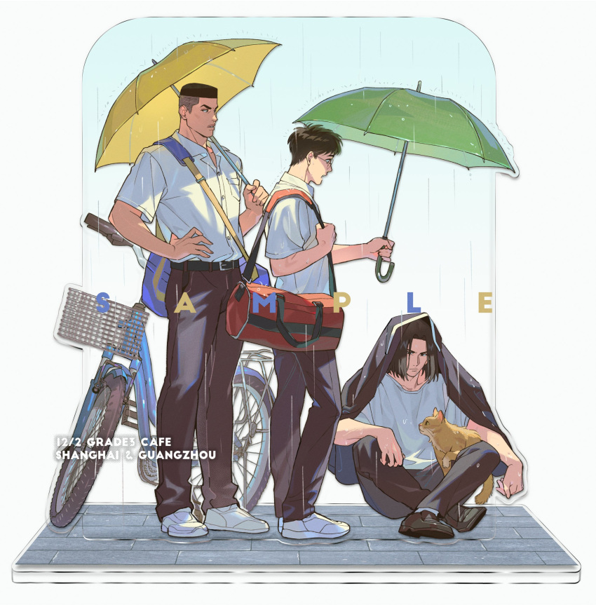 3boys akagi_takenori animal bag bicycle black_eyes black_hair black_jacket black_pants brown_hair cat duffel_bag full_body hand_on_own_hip highres holding holding_umbrella jacket jacket_over_head ke_(ke_sd) kogure_kiminobu looking_at_another male_focus medium_hair mitsui_hisashi multiple_boys pants rain school_bag school_uniform shirt short_hair slam_dunk_(series) squatting umbrella undercut white_footwear white_shirt