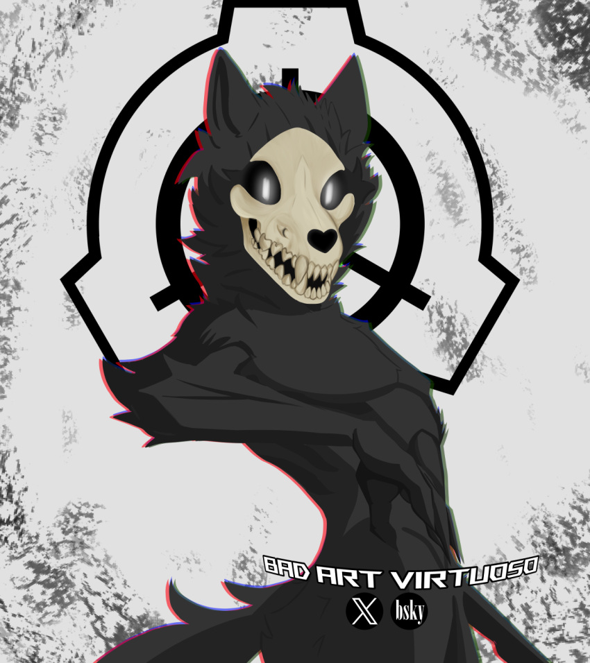 anthro badartvirtuoso black_body black_fur bone canid fur glowing glowing_eyes hi_res male mammal scp-1471 scp-1471-a scp_foundation simple_background skull skull_head solo teeth white_eyes