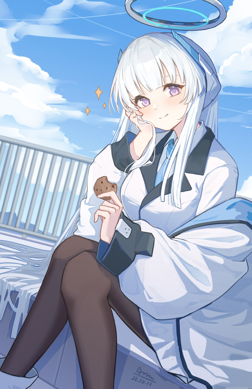 1girl absurdres black_pantyhose blue_archive blue_necktie blush breasts chinese_commentary chiyo_akira closed_mouth collared_shirt cookie eating food grey_hair halo highres holding holding_food jacket large_breasts long_hair long_sleeves looking_at_viewer mechanical_halo necktie noa_(blue_archive) pantyhose purple_eyes shirt sitting smile solo white_jacket white_shirt