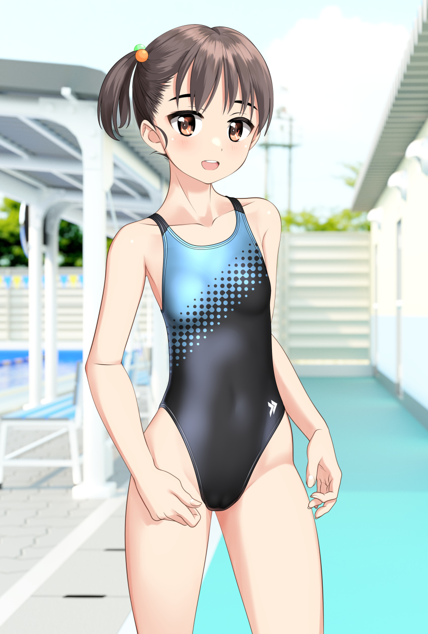 1girl absurdres black_hair black_one-piece_swimsuit brown_eyes collarbone commentary_request competition_swimsuit contrapposto covered_navel highleg highleg_swimsuit highres indoors one-piece_swimsuit open_mouth original poolside round_teeth school_swimsuit screentones short_hair side_ponytail solo stairs standing swimsuit takafumi teeth two-tone_swimsuit upper_teeth_only variant_set