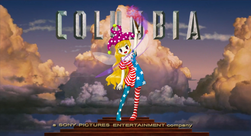 1girl american_flag american_flag_legwear blonde_hair cloud_background clownpiece columbia_pictures commentary fairy hat highres jester jester_cap long_hair parody podium smile solo third-party_edit torch touhou zun_(artist)