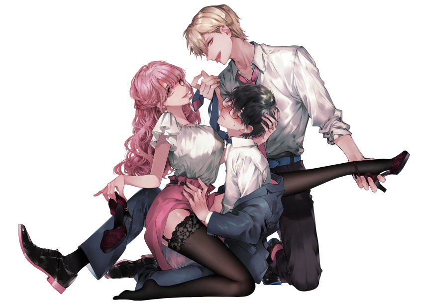 1girl 2boys :| asaga_iori belt black_footwear black_hair black_pants black_socks black_thighhighs blonde_hair blue_belt blue_eyes blue_jacket blue_necktie blue_pants blush breasts brown_eyes closed_mouth collared_shirt colored_shoe_soles commentary formal full_body garter_straps glasses hair_between_eyes half_updo hand_on_another's_head hand_on_another's_waist head_tilt high_heels highres holding holding_another's_foot holding_necktie holding_shoes inu_to_kuzu inukai_shuuji jacket lace-trimmed_thighhighs large_breasts leg_up long_hair long_sleeves looking_at_viewer looking_to_the_side multiple_boys necktie nose_blush off_shoulder on_one_knee open_clothes open_jacket open_mouth oxfords paid_reward_available pants pink_necktie pink_skirt pinky_out profile red_footwear sakuraba_haruma shirt shirt_tucked_in shoes shoes_removed short_hair short_sleeves sideways_glance simple_background single_shoe sitting skirt sleeves_past_elbows sleeves_rolled_up slit_pupils smile socks strappy_heels suit suit_jacket sumi_reika sweatdrop thighhighs tongue tongue_out wavy_hair white_background white_shirt