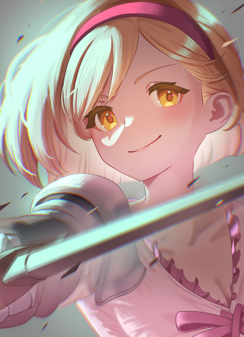 1girl absurdres armor blue_hair breasts cleavage closed_mouth collarbone djeeta_(granblue_fantasy) granblue_fantasy hairband highres holding holding_sword holding_weapon izumi_sazanami looking_at_viewer medium_hair pink_ribbon red_hairband ribbon shirt shoulder_armor smile solo sword upper_body weapon white_shirt yellow_eyes