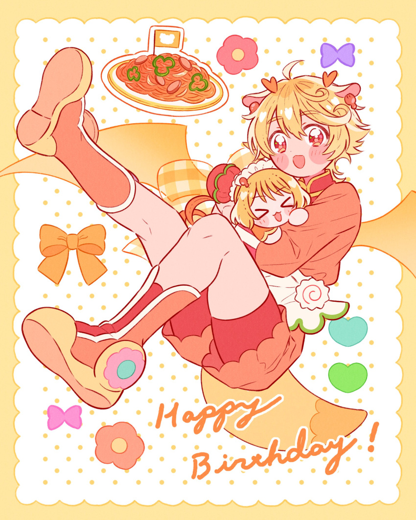 &gt;_&lt; 1boy 1girl :d absurdres animal_ears apron blonde_hair boots border bow bun_cover chibi commentary_request cure_yum-yum delicious_party_precure dragon english_text flower food hair_bun hanamichi_ran happy_birthday heart highres holding_chibi horns kamaboko kiocotton looking_at_viewer magical_girl male_focus mem-mem_(precure) mem-mem_(precure)_(human) open_mouth orange_eyes orange_footwear plaid polka_dot polka_dot_background precure short_hair shorts shorts_under_shorts smile tail yellow_border