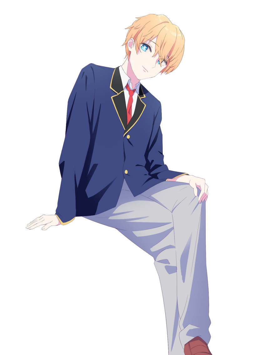 1boy arm_support blonde_hair blue_eyes blue_jacket brown_footwear closed_mouth collared_jacket collared_shirt commentary grey_pants hair_over_one_eye highres hoshino_aquamarine invisible_chair jacket long_sleeves necktie oshi_no_ko pants red_necktie school_uniform shirt short_hair sitting star-shaped_pupils star_(symbol) symbol-shaped_pupils white_shirt yamada_kotaro77 youtou_high_school_uniform